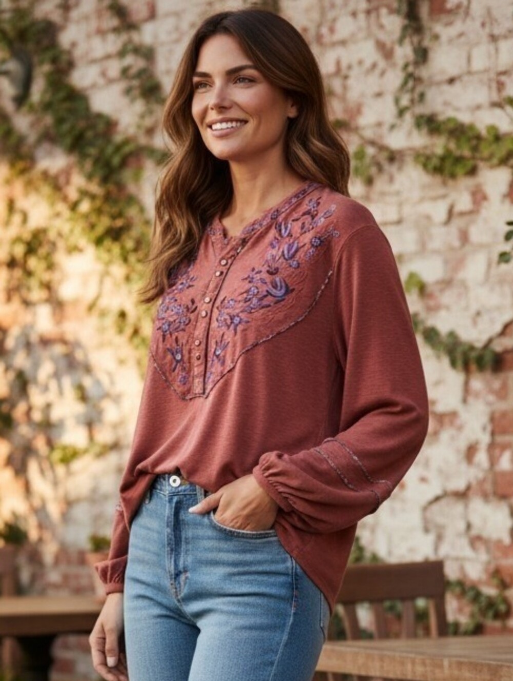 Free People Embroidered Rust Long-Sleeve Women's Top